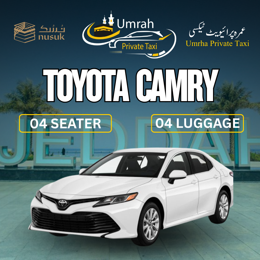 Toyota Camry Umrah taxi services for private travel between Makkah, Madinah, and Jeddah Saudi Arabia.