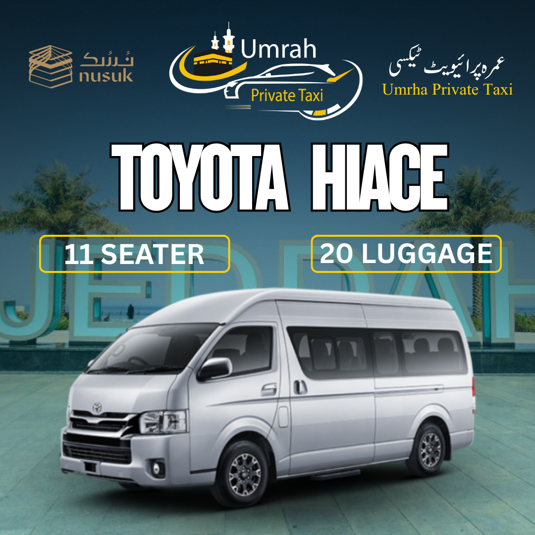 Toyota Hiace Umrah taxi services van for group travel between Makkah and Madinah Saudi Arabia.
