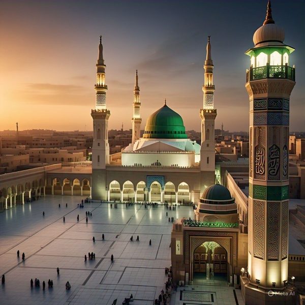 Beautiful view of Masjid al-Nabawi in Madinah at night with umrah private taxi
